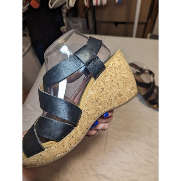 Clarks Artisan Black Leather Cork Platform Wedge Sandals Size 9m - Picture 6 of 16